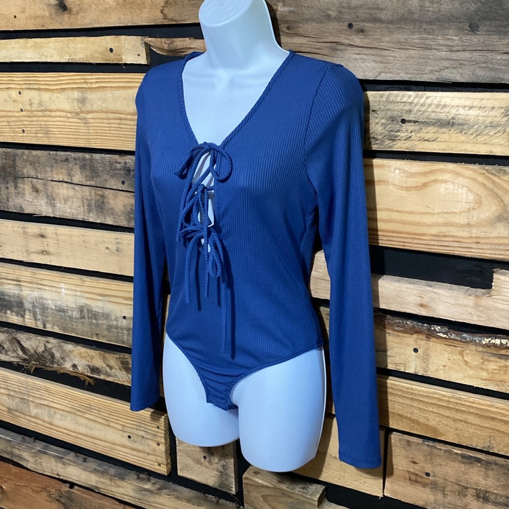 Free People Tied Up Ribbed Long Sleeve Bodysuit In Blue Size Medium - Picture 3 of 8